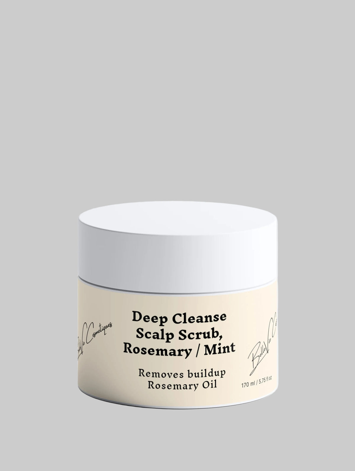 Belleviecosmetic Deep Cleanse Scalp Scrub with rosemary and mint, 170ml, exfoliates and revitalizes hair and scalp.