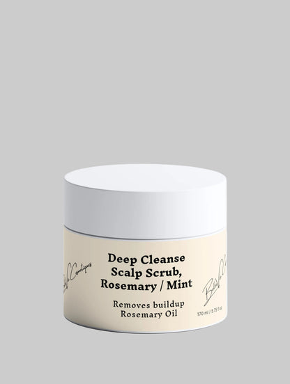 Belleviecosmetic Deep Cleanse Scalp Scrub with rosemary and mint, 170ml, exfoliates and revitalizes hair and scalp.