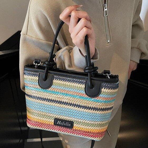 Summer vacation beach-style straw tote and crossbody bag with woven texture and adjustable strap