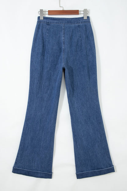 Scarlet Flare Leg Jeans by Threaded Pear featuring bright red denim with flared legs and classic five-pocket design.