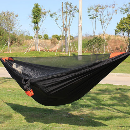 Portable nylon parachute backpacking hammock for outdoor use, shown as a double hammock setup