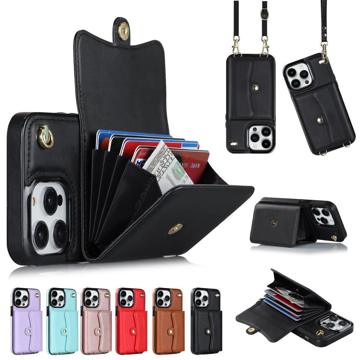 Crossbody card holder phone case with multi-function card slots and adjustable strap in a compact design