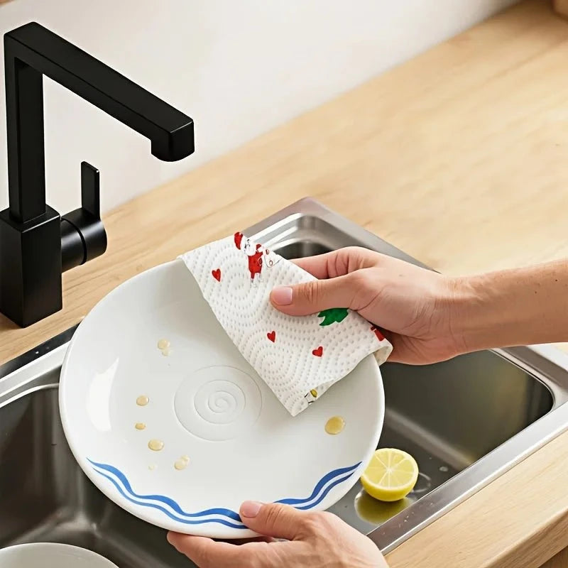 Four Christmas-themed thick three-layer kitchen paper towels by BACKUPMYFILESNOW.COM®, disposable, dual-use for wet and dry cleaning.