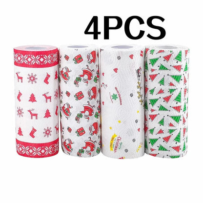 Set of four Christmas-themed kitchen paper towels by BACKUPMYFILESNOW.COM®, thick three-layer roll, for wet and dry cleaning.