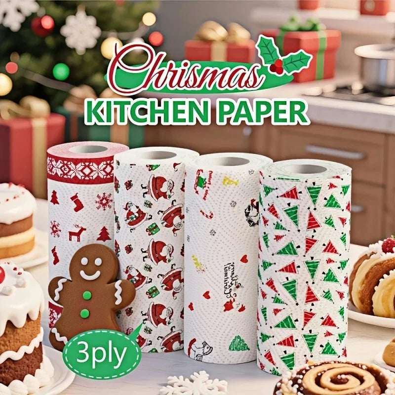 Four Christmas-themed thick three-layer kitchen paper towels, disposable, dual-use for wet and dry cleaning, household cleaning supplies