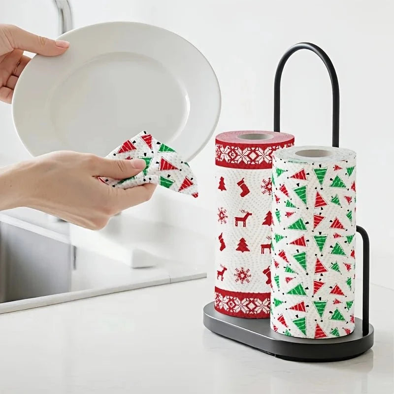 Set of 4 Christmas-themed thick three-layer kitchen paper towels, disposable, dual-use for wet and dry cleaning, household cleaning supplies.