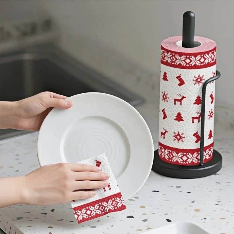 Set of four Christmas-themed thick three-layer kitchen paper towels for cleaning, disposable, dual-use wet and dry household paper.
