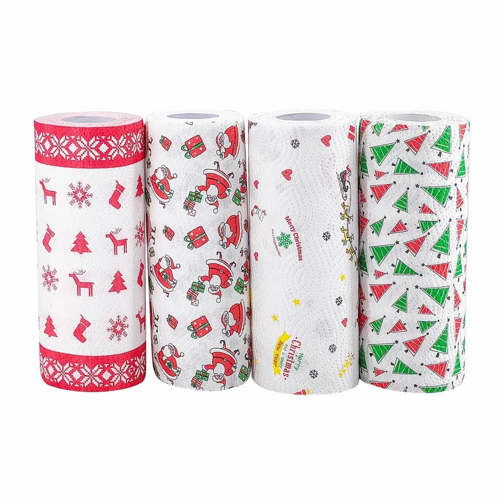 Four thick three-layer Christmas kitchen paper towels from BACKUPMYFILESNOW.COM®, disposable, dual-use for wet and dry cleaning.