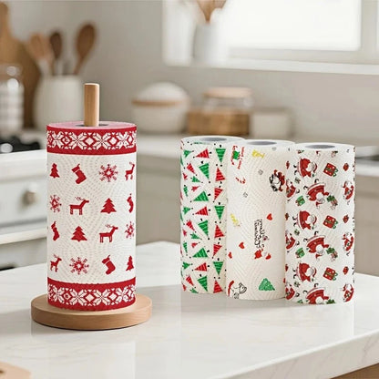 Set of 4 Christmas-themed thick three-layer kitchen paper towels for cleaning, disposable, washable, and dual-use household cleaning supplies