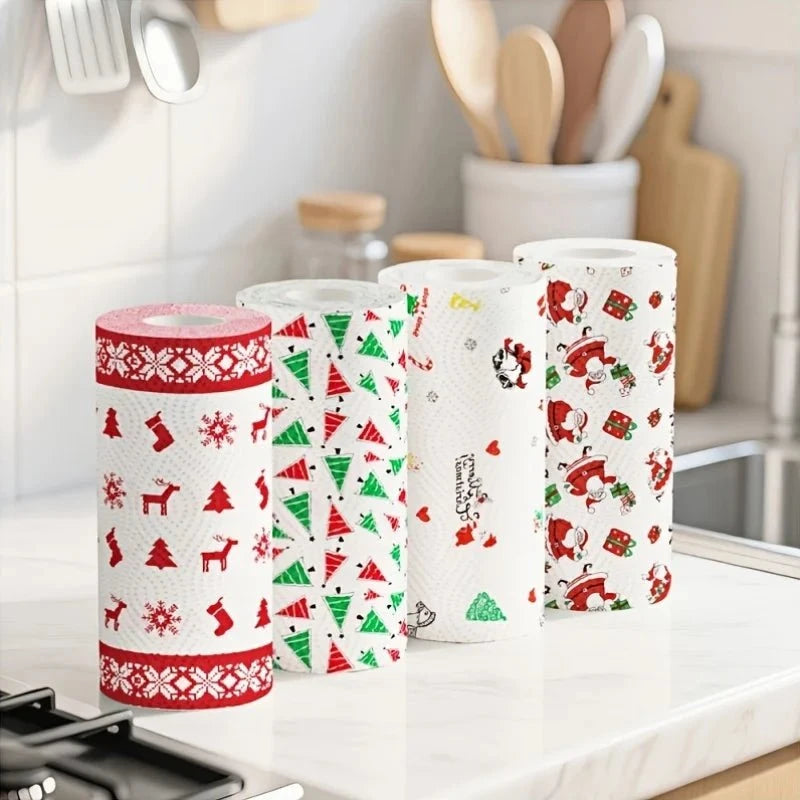 Set of 4 Christmas kitchen paper towels by BACKUPMYFILESNOW.COM®, thick three-layer roll, disposable, dual-use for wet and dry cleaning.