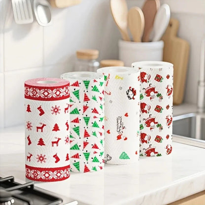 Set of 4 Christmas kitchen paper towels by BACKUPMYFILESNOW.COM®, thick three-layer roll, disposable, dual-use for wet and dry cleaning.