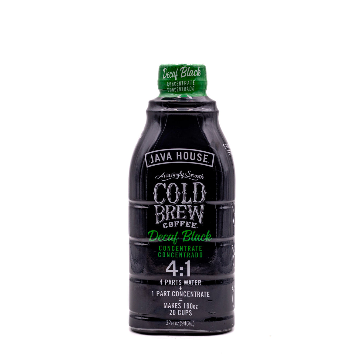 Bottle of Java House Cold Brew Concentrate 4-to-1 Decaf with label visible, ready for brewing or use.