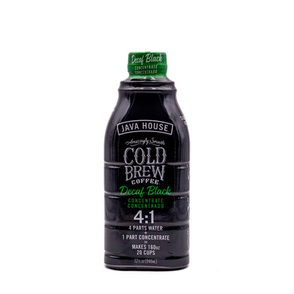 Bottle of Java House Cold Brew Concentrate 4-to-1 Decaf with label visible, ready for brewing or use.