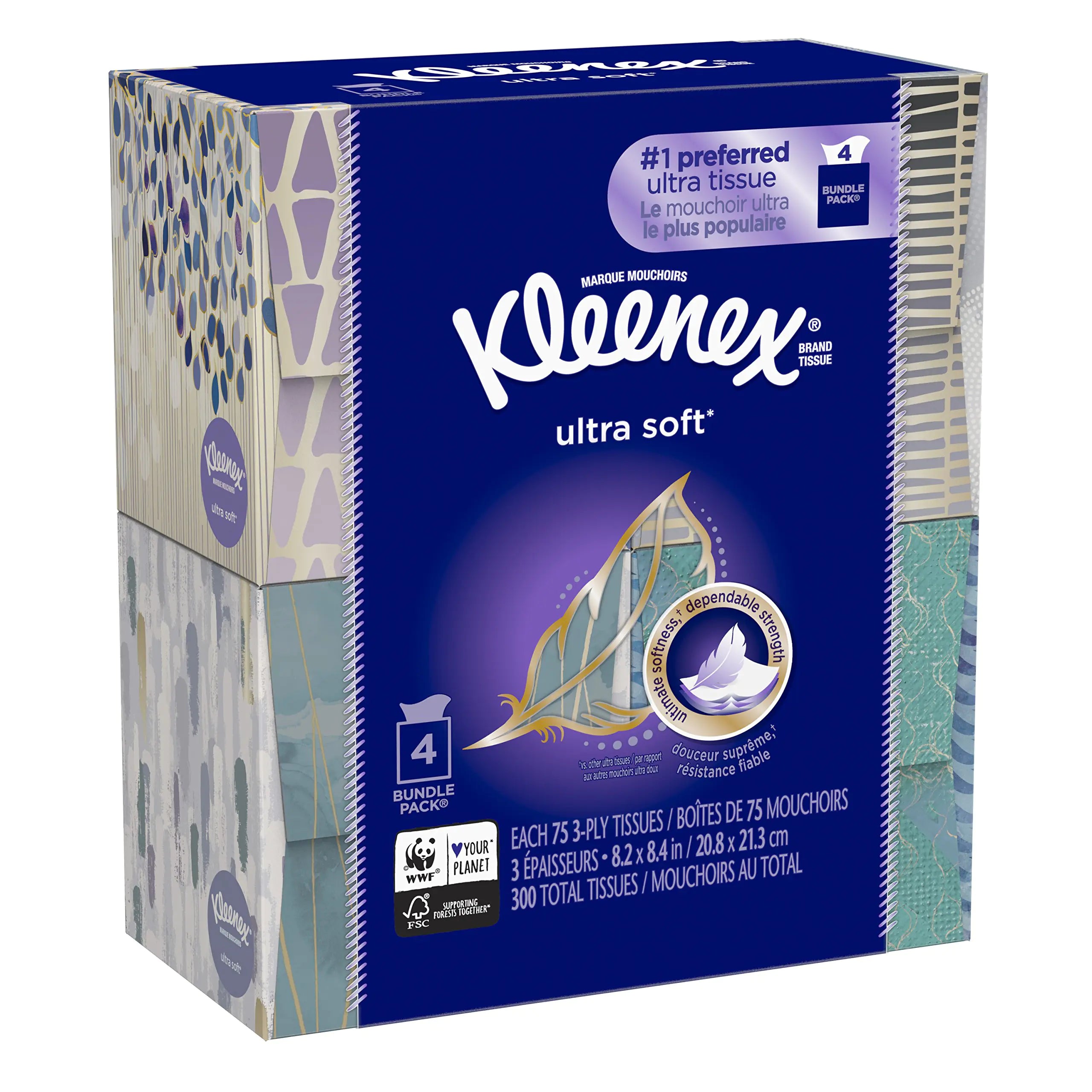 Kleenex Ultra Soft & Strong Facial Tissues 75 Tissues per Cube Box 4 Pack
