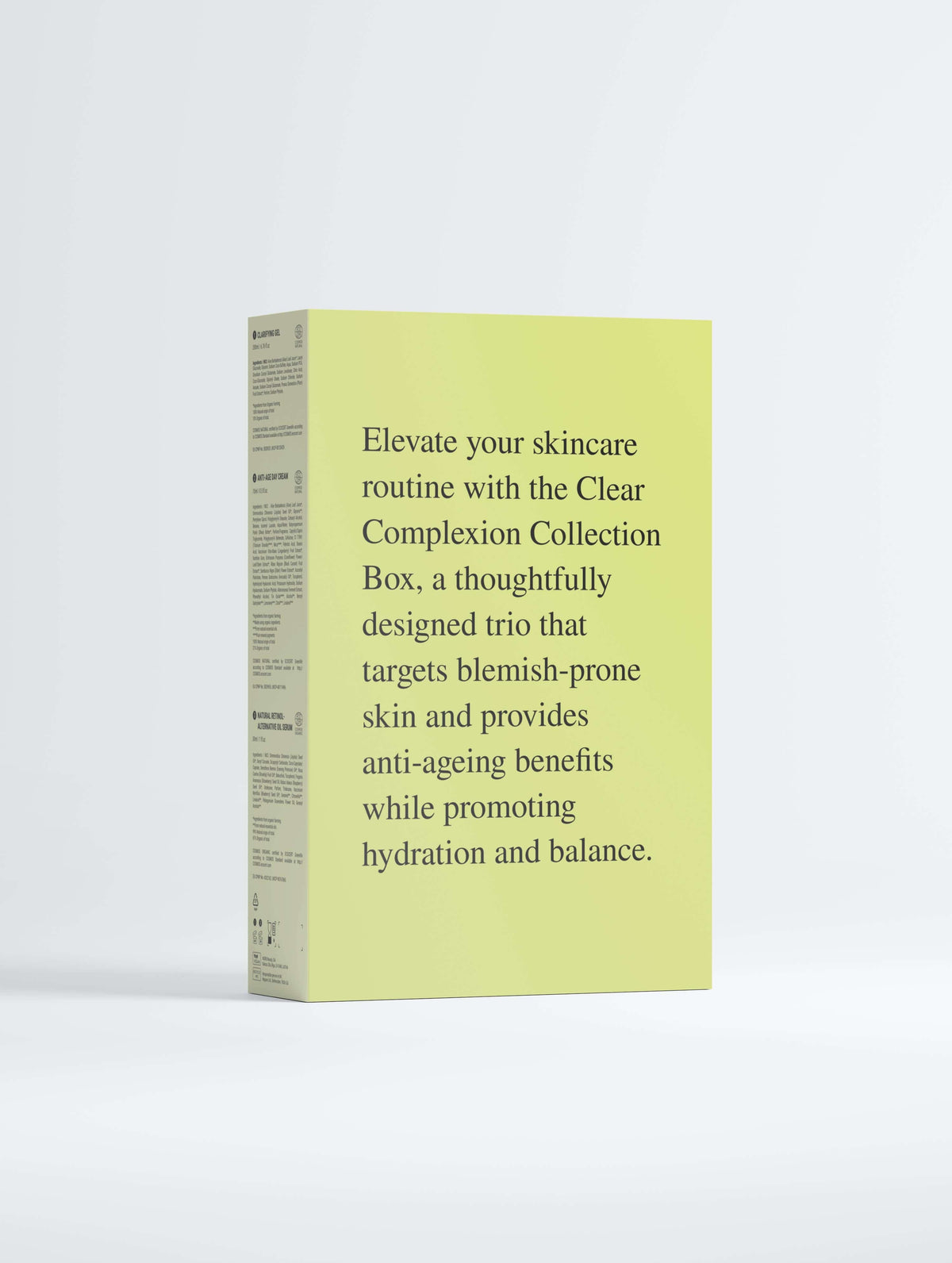 Set of skincare products from BelleVie Cosmétiques Clear Complexion Collection box for clear skin and anti-aging routine.