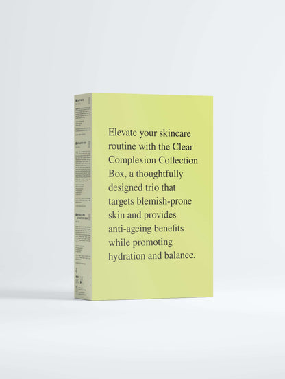 Set of skincare products from BelleVie Cosmétiques Clear Complexion Collection box for clear skin and anti-aging routine.