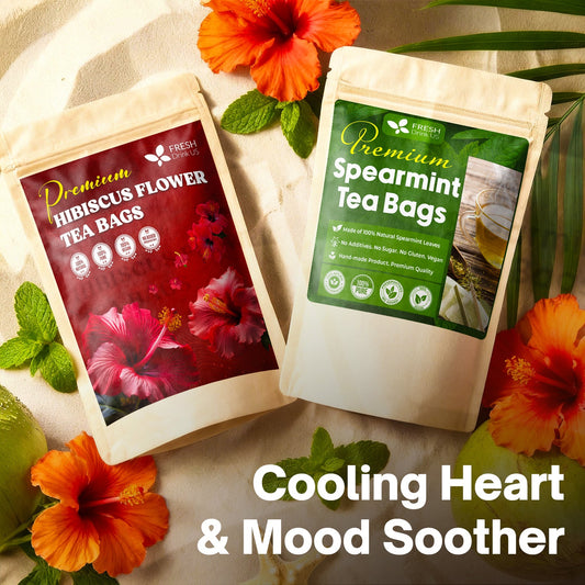 FreshDrinkUS Cooling Heart & Mood Soother tea bags with hibiscus and spearmint for calming, refreshing herbal tea.