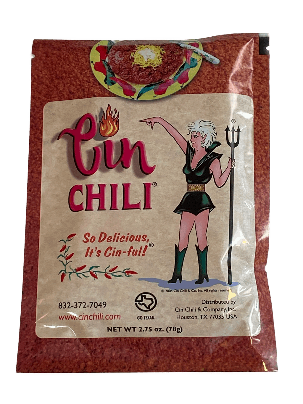 Cinderosa Ranch Cin Chili Seasoning Mix packet with colorful label, ready for adding flavor to chili dishes.