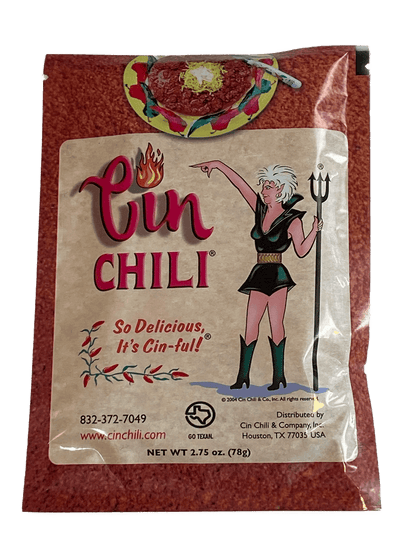 Cinderosa Ranch Cin Chili Seasoning Mix packet with colorful label, ready for adding flavor to chili dishes.