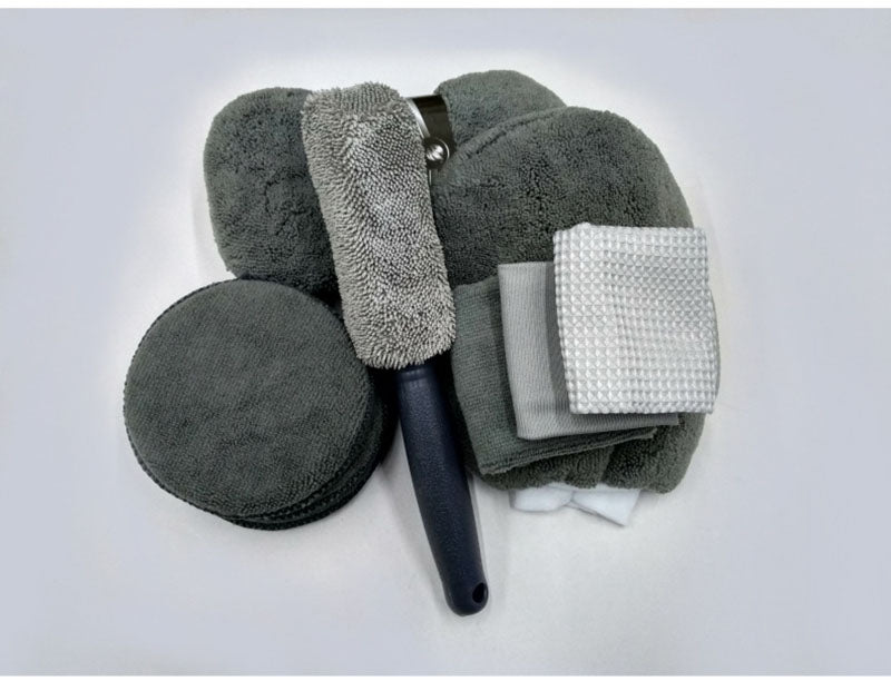 9-piece car wash cleaning kit with assorted brushes, microfiber cloths, and detailing tools