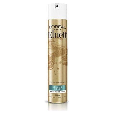 L'Oreal Elnett fragrance-free strong hold hairspray in 200ml spray bottle, shown with product label and cap.
