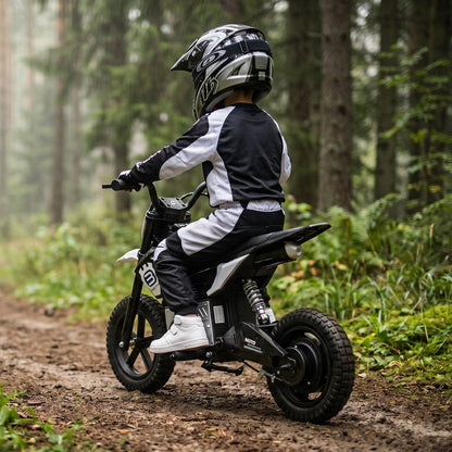 Kids riding a 24V electric motocross ride-on motorcycle from GBruno Store, designed for children ages 5 to 12.