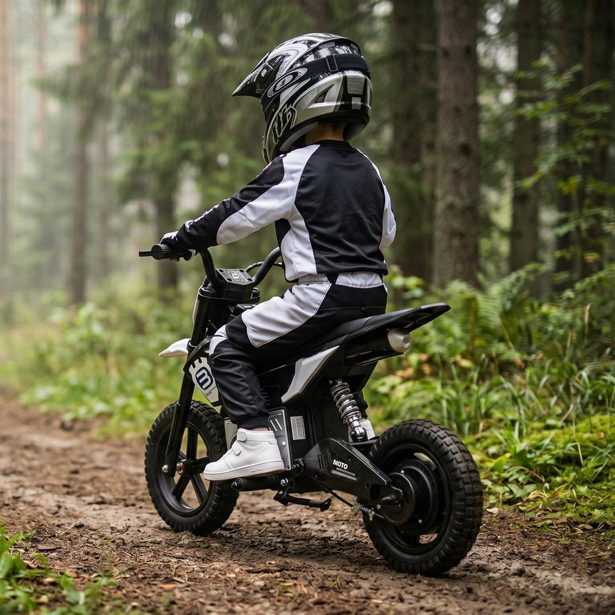 Kids riding a 24V GBruno Store electric motocross ride-on motorcycle, designed for children ages 5-12.