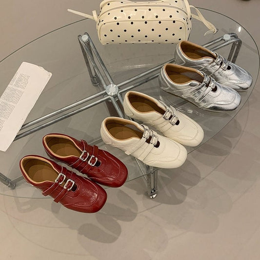 Women's square toe Mary Jane ballet flat shoes with double strap buckles, low-cut design, and casual style