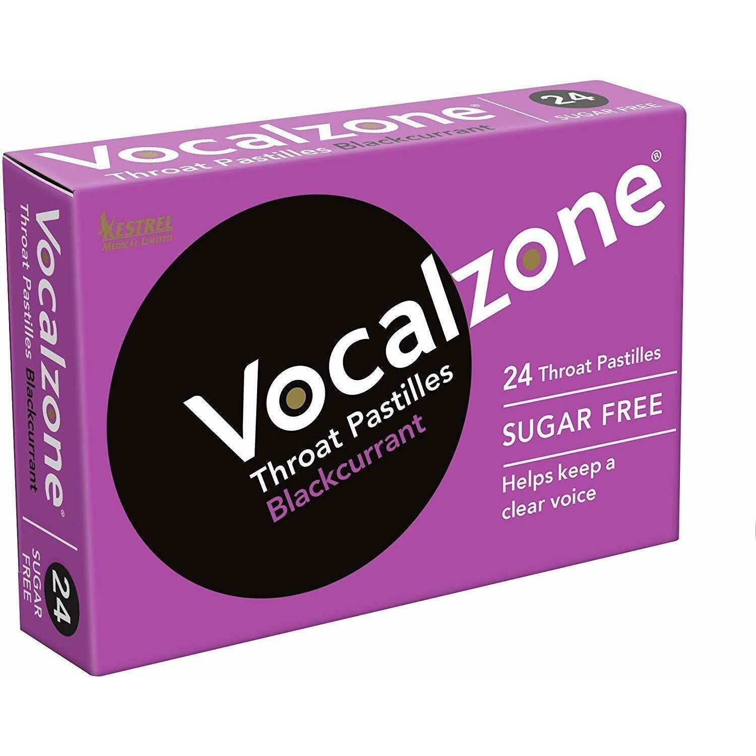 Vocalzone Blackcurrant Throat Pastilles by Pasteur Pharmacy, sugar-free, shown in a box with 24 pastilles in blackcurrant flavor.