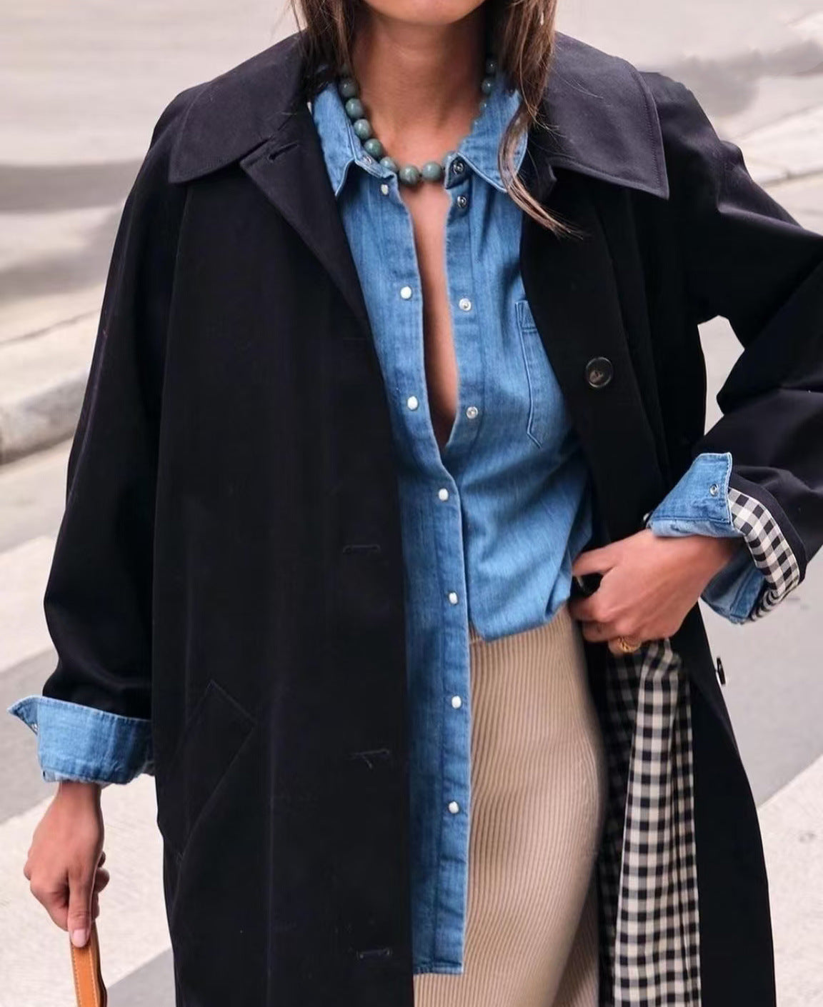 Women's khaki polo shirt trench coat, single-breasted design, front view