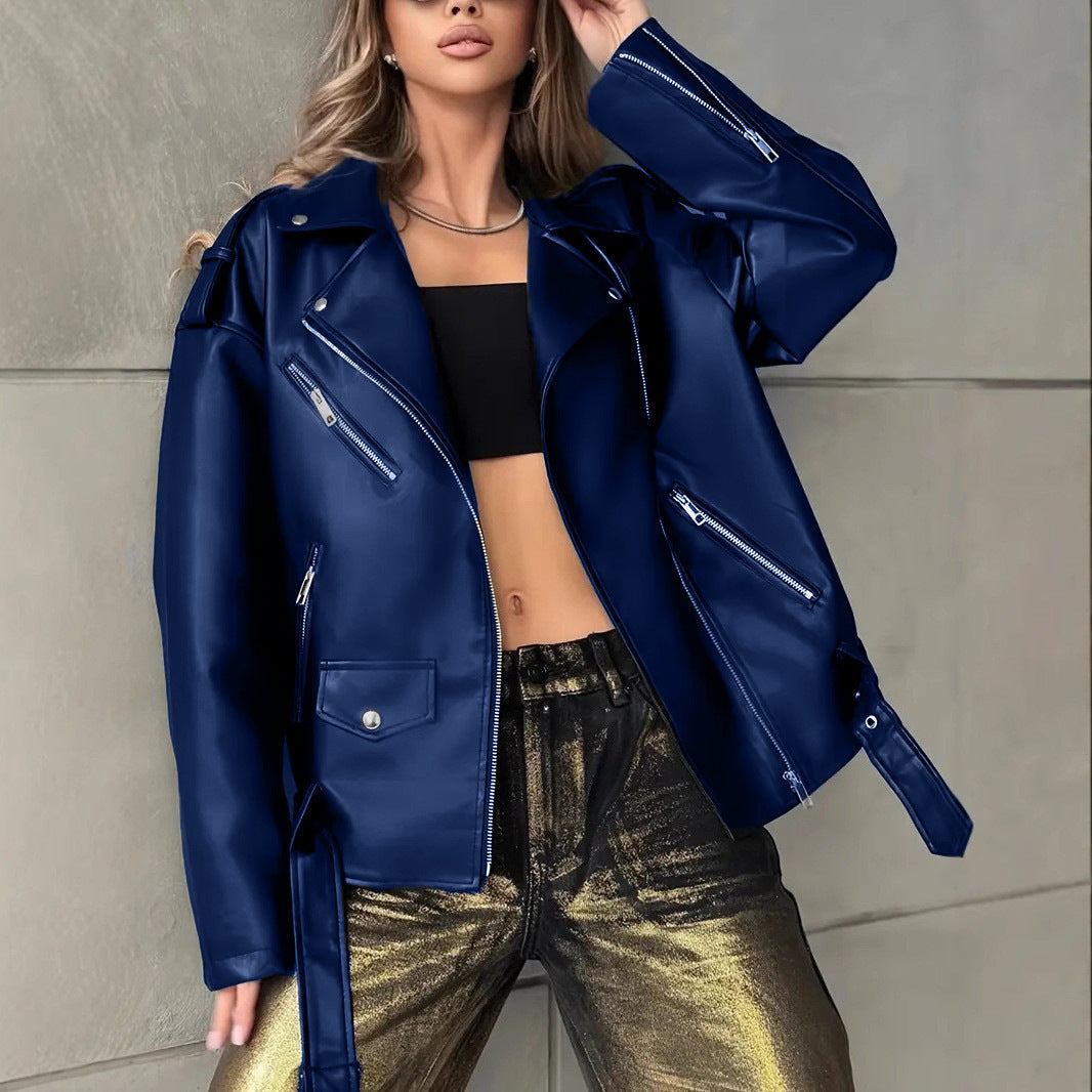 Women's boyfriend-style leather biker jacket front view