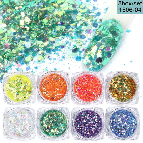 Eight-box mix glitter nail art powder flakes set in assorted colors for manicure decoration