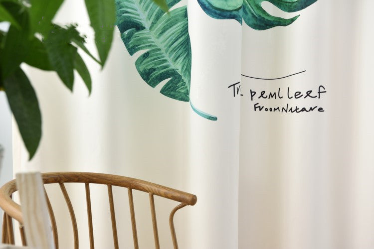 Banana leaf digital printing curtain with tropical green leaf pattern draped in a window setting