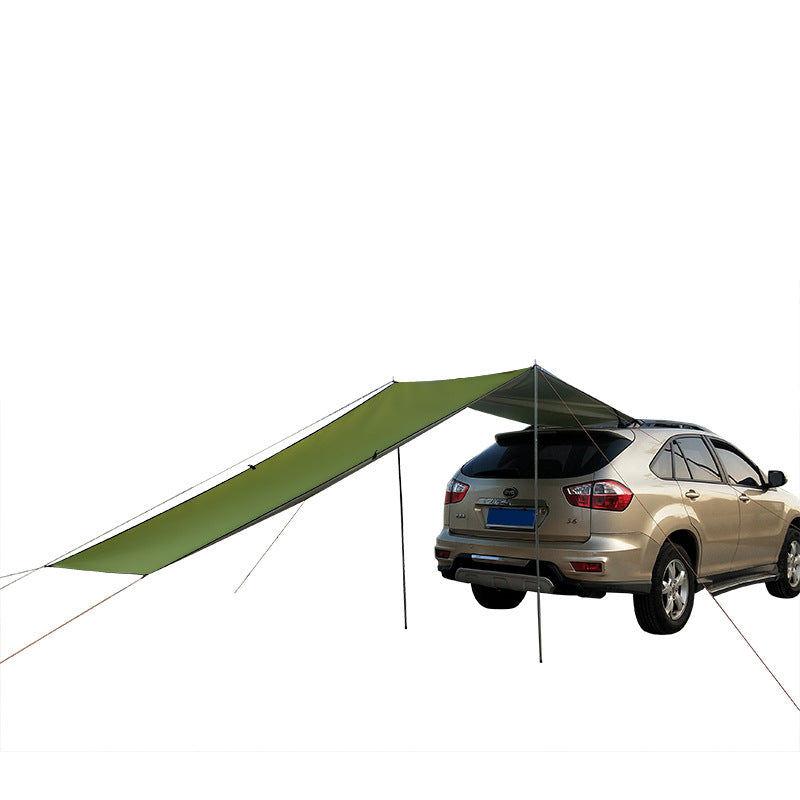 Car side awning mounted beside a vehicle, shown extended for outdoor shade and shelter