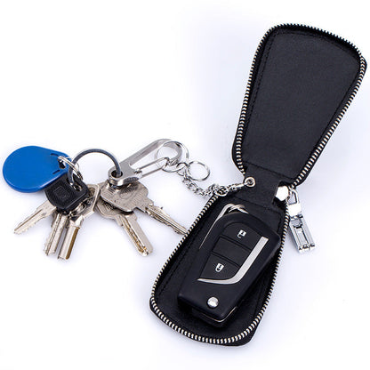 Leather car key case with zipper waistband, featuring compact design and secure key storage