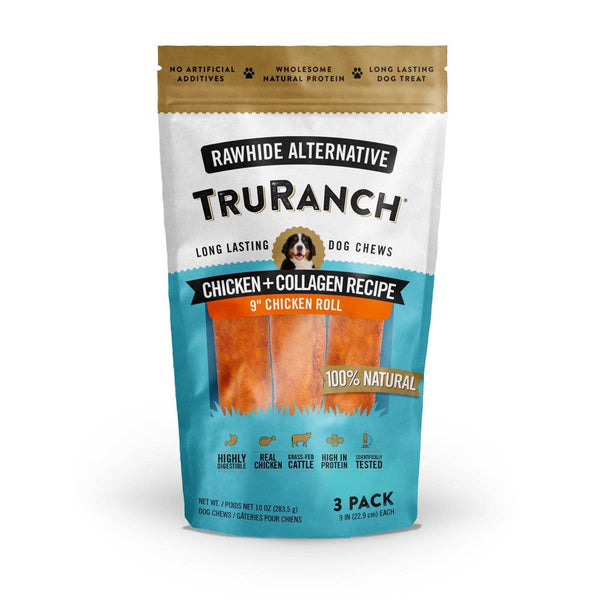 Rawhide-free dog treats by Pasteur Pharmacy, TruRanch Collagen Chicken Rolls, 9-inch natural chew treats for dogs.