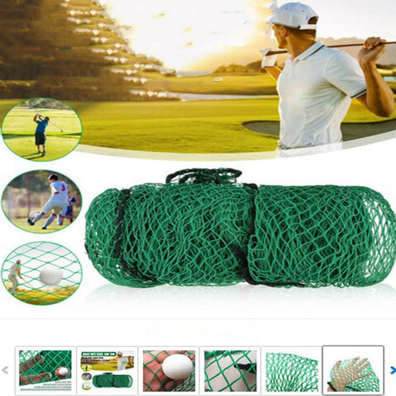Green golf net displayed for practicing golf shots outdoors