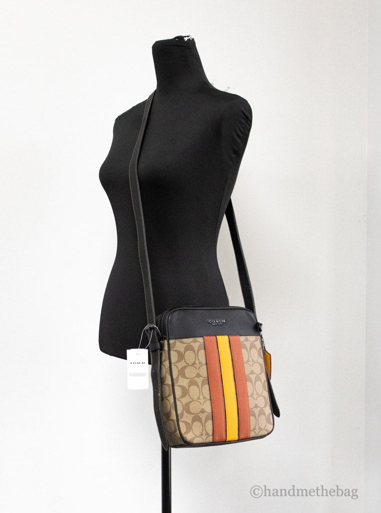 Coach Hudson 21 khaki terracotta signature varsity stripe crossbody bag with adjustable strap and signature logo details.