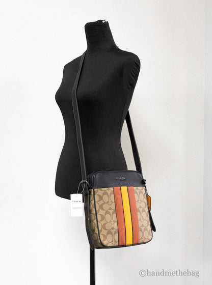 Coach Hudson 21 khaki terracotta signature varsity stripe crossbody bag with adjustable strap and signature logo details.