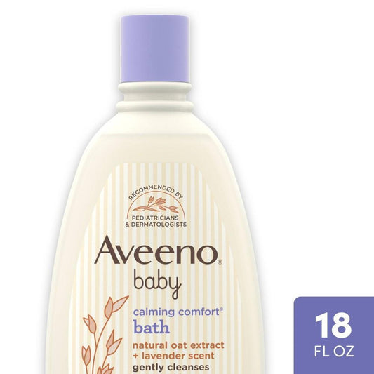 Aveeno Baby calming comfort bath with lavender and vanilla scent in a 18 fl oz bottle, featuring gentle, soothing formula for babies.