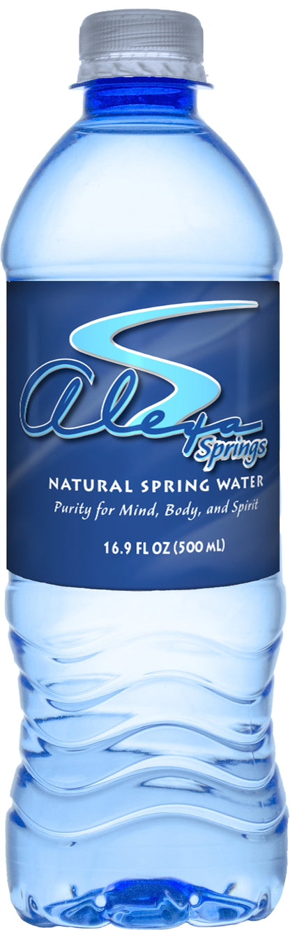 Bottled spring water by BACKUPMYFILESNOW®, 500ml bottles, 24-pack case, stacked on pallet for bulk storage.