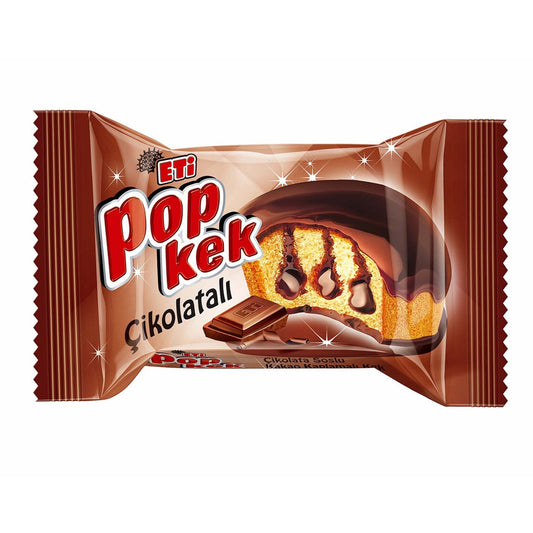 S101 Eti Popkek Chocolate cake in 60g snack pack with chocolate coating and soft interior, displayed on a white surface.