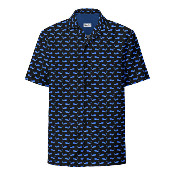 Midnight whale Hawaiian shirt from BACKUPMYFILESNOW.COM® featuring a navy blue background with whale and ocean wave patterns.