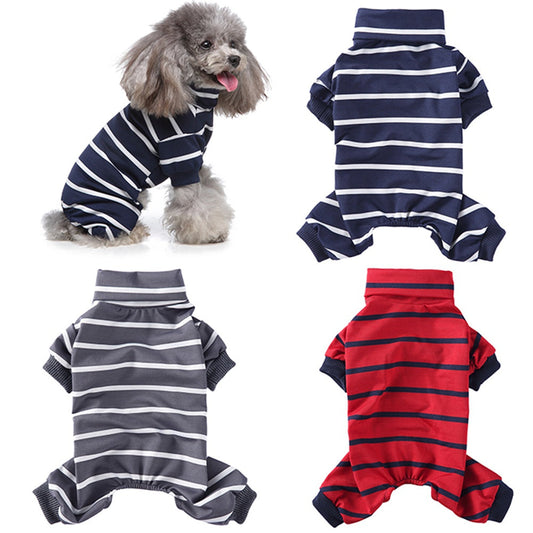 Fashion high collar striped pet dog pajamas in colorful striped fabric
