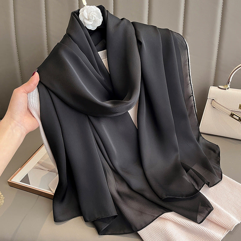 Korean-style solid-color silk beach scarf for women, lightweight summer sun-protection accessory