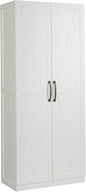 Sauder Select white storage cabinet with pantry shelves, featuring variety snack chips on top, in a home kitchen setting.