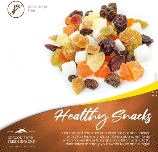 Oregon Farm Fresh Snacks dried fruit mix with cranberries, coconut, and mango in a 24 oz bag, vibrant and colorful fruit pieces.