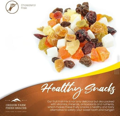 Oregon Farm Fresh Snacks dried fruit mix with cranberries, coconut, and mango in a 24 oz bag, vibrant and colorful fruit pieces.
