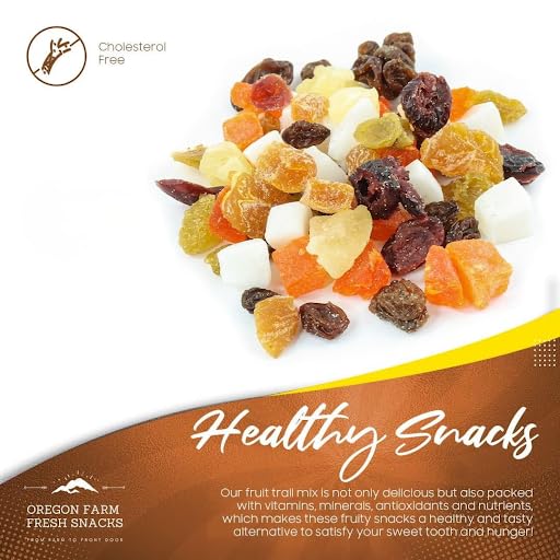 Oregon Farm Fresh Snacks dried fruit mix with cranberries, coconut, and mango in a 24 oz bag, colorful dried fruit pieces visible.