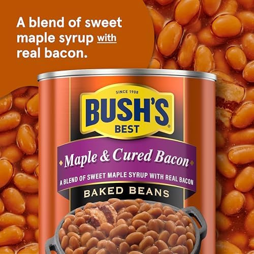 Canned Bush's Best Maple Cured Bacon Baked Beans in 16 oz can, showing the product label and baked beans inside.